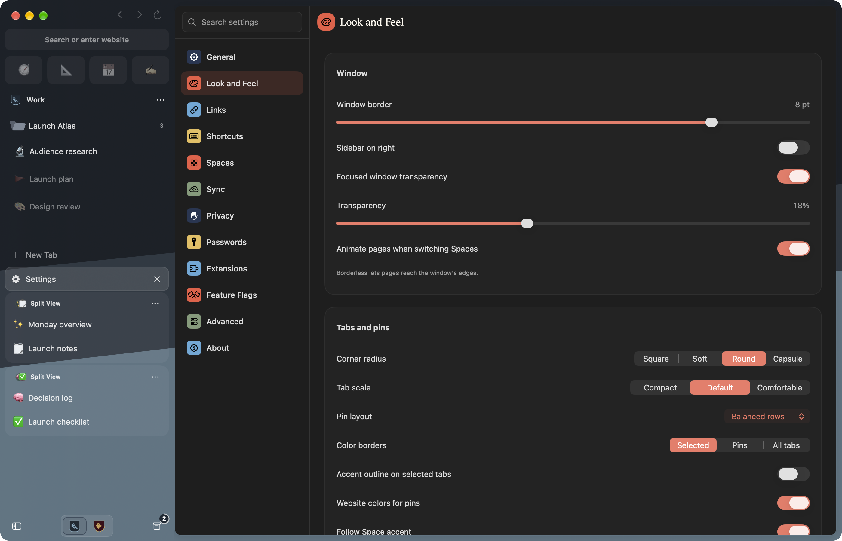 Look and Feel settings on Mac with window, sidebar, tab shape, and pin layout controls