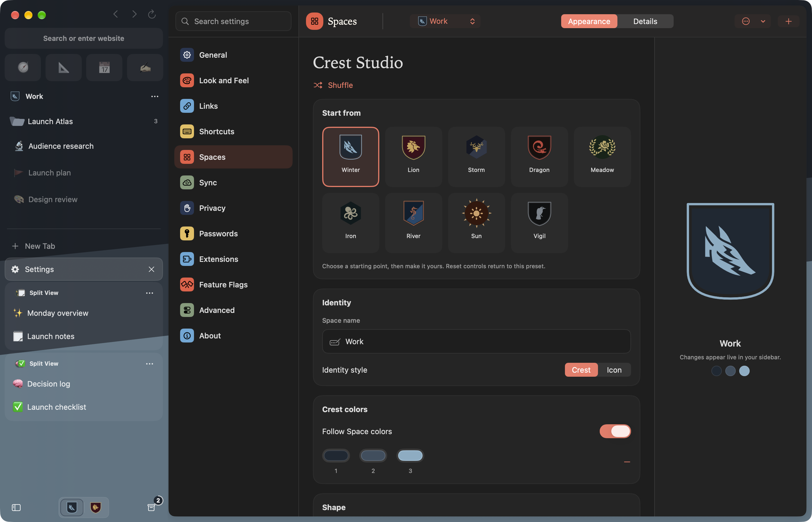 Crest Studio on Mac with the Winter template selected and a live preview of the Work Space