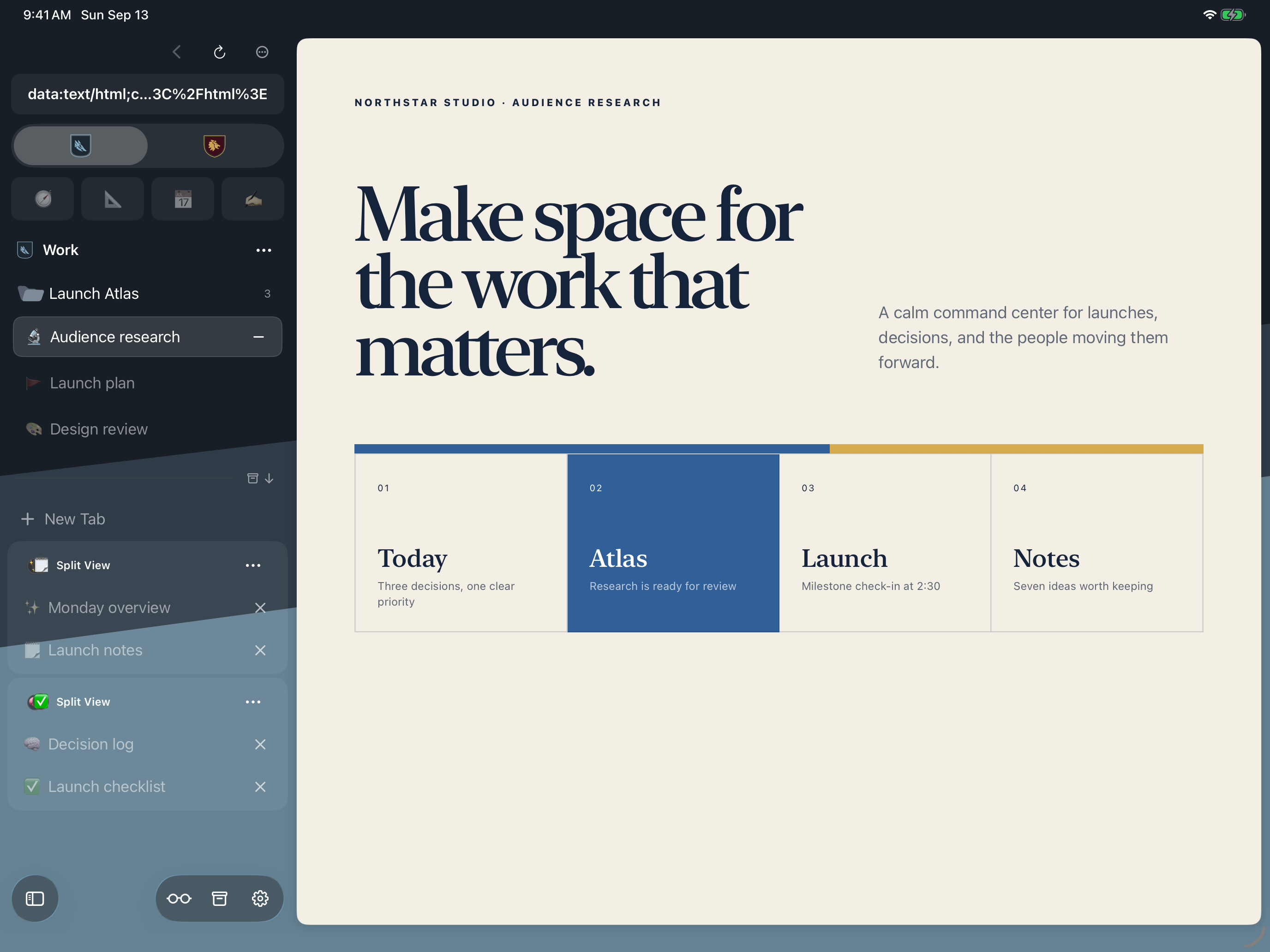 The same Work Space and Audience research page on iPad