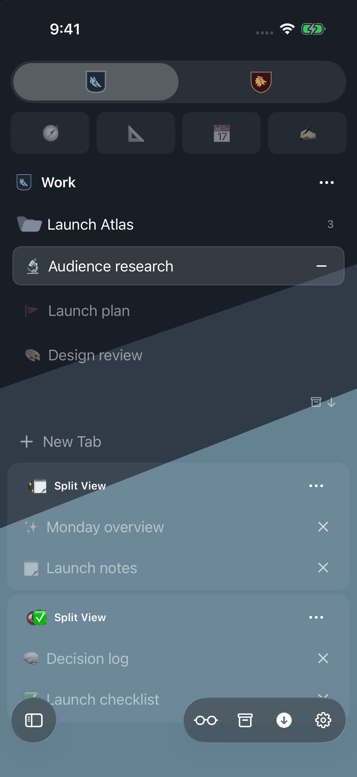 The same Work Space and Launch Atlas folder in the iPhone sidebar