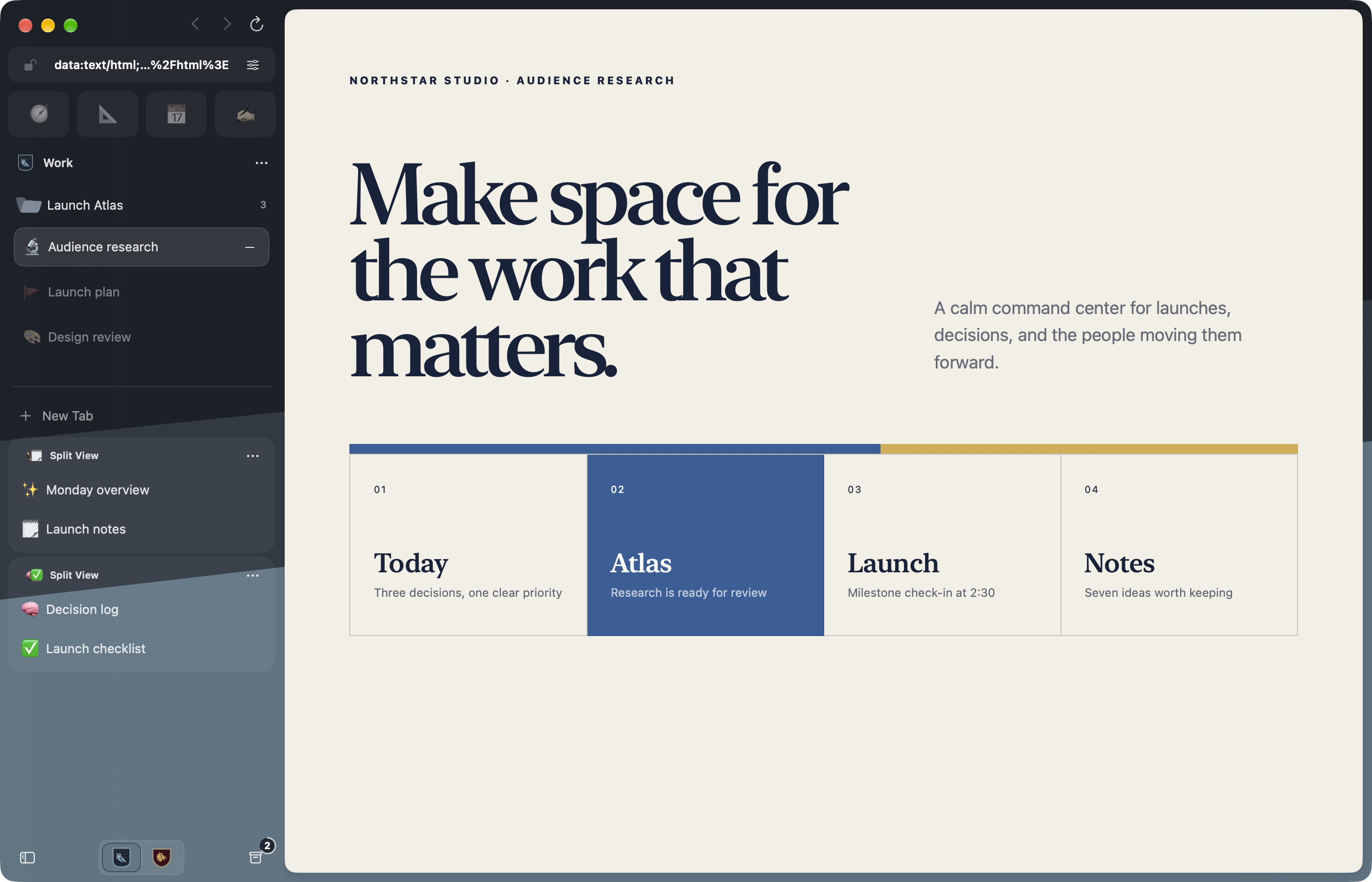 Crest on Mac with the Winter Work Space first, Lion Personal second, and Audience research open in the Launch Atlas folder